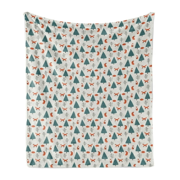 Fox Soft Flannel Fleece Throw Blanket, Orange Foxes in a Snowy Winter Forest Animals of Cold Climates Cartoon, Cozy Plush for Indoor and Outdoor Use, 50" x 70", Teal Orange Black, by Ambesonne