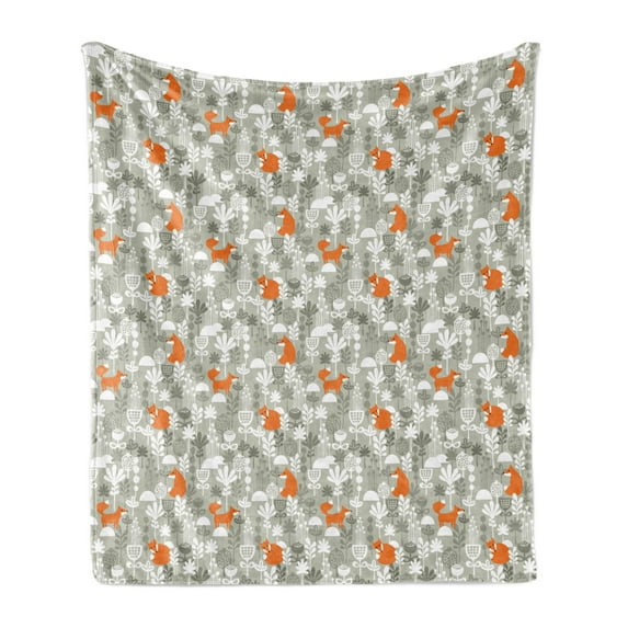 Fox Soft Flannel Fleece Throw Blanket, Orange Silhouettes in Winter Forest Hand Drawn Style Flowers and Herbs, Cozy Plush for Indoor and Outdoor Use, 50" x 60", Pale Grey Orange, by Ambesonne