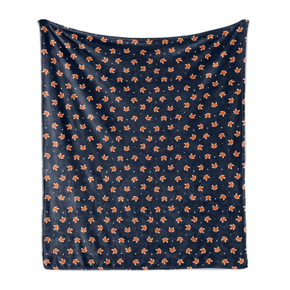 Fox Soft Flannel Fleece Throw Blanket, Orange Small Forest Animal Portraits Pattern on Abstract Dotted Blue Backdrop, Cozy Plush for Indoor and Outdoor Use, 70" x 90", Navy Blue Orange, by Ambesonne