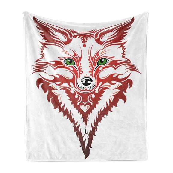 Fox Soft Flannel Fleece Throw Blanket, Patterned Portrait of Fox Sharp Green Eyes Wavy Curvy Design, Cozy Plush for Indoor and Outdoor Use, 50" x 70", Dark Coral Green White, by Ambesonne