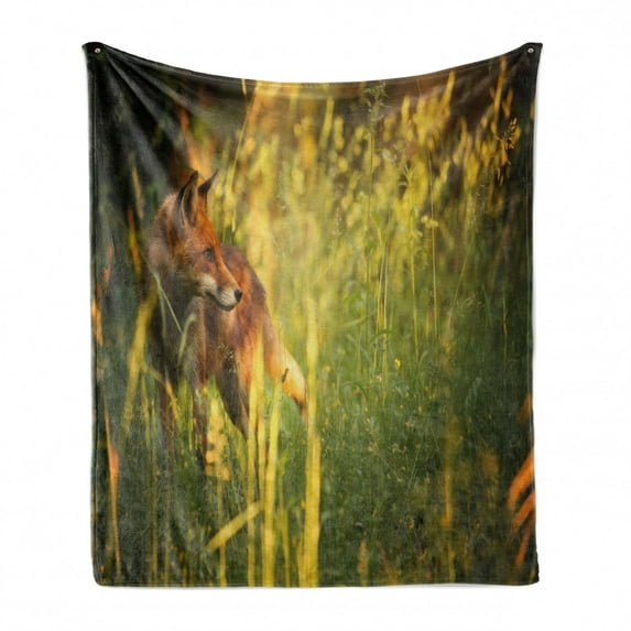 Fox Soft Flannel Fleece Throw Blanket, Fox in the Summer Forest Fresh Meadow Grass Wilderness Vixen Mammal Nature, Cozy Plush for Indoor and Outdoor Use, 60" x 80", Orange Yellow Green, by Ambesonne