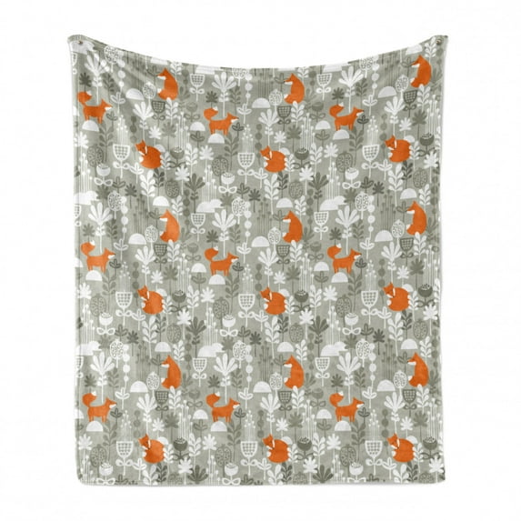 Fox Soft Flannel Fleece Throw Blanket, Woodland Animals in Flower Field Nursery Cartoon Sleeping Forest Fauna, Cozy Plush for Indoor and Outdoor Use, 50" x 60", Orange Pale Sage Green, by Ambesonne