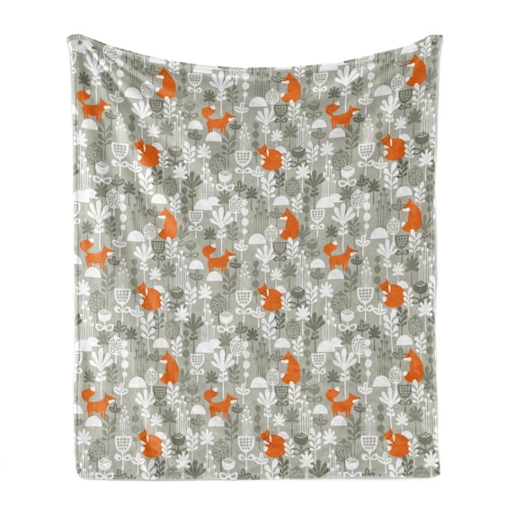 Fox Soft Flannel Fleece Throw Blanket, Woodland Animals in Flower Field Nursery Cartoon Sleeping Forest Fauna, Cozy Plush for Indoor and Outdoor Use, 50" x 70", Orange Pale Sage Green, by Ambesonne