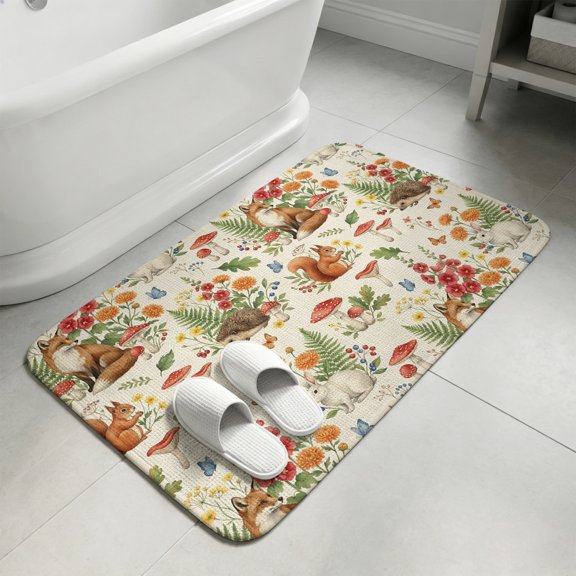 Fox Squirrels Mushrooms Bathroom Rugs Non Slip Washable Bath Mat Absorbent Low Pile Front Door Mat Fall Botanical Berries Indoor Doormat for Kitchen Entryway Shower Decor Accessories 15.7"x23.6"