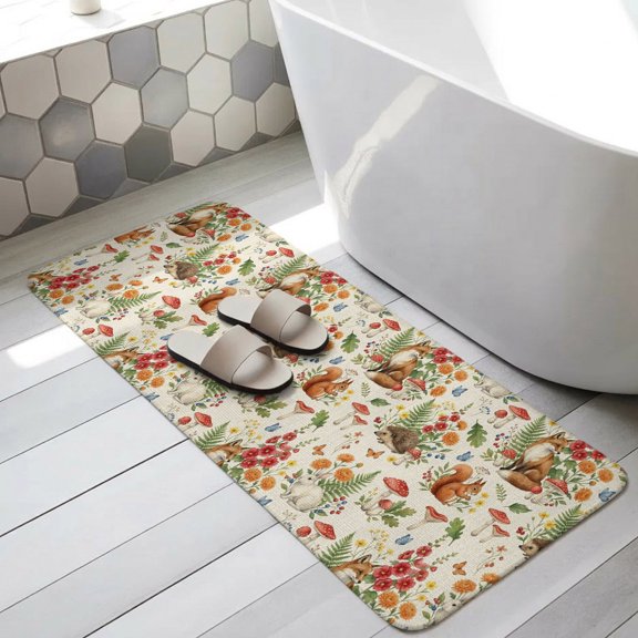 Fox Squirrels Mushrooms Bathroom Runner Rugs Non Slip Washable Absorbent Narrow Long Bath Mat Fall Botanical Berries Runner Rugs for Kitchen Hallway Bedroom Laundry Study Room 19.7"x63"