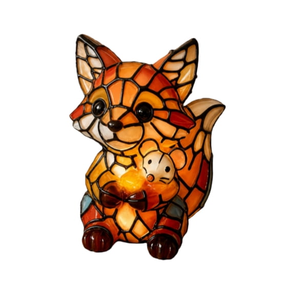 Fox Stained Glass Effect Resin Night Light, Vintage Style Warm Glow Desktop Lamp, Animal Figure Table Lamp for Bedroom Home Office Decor