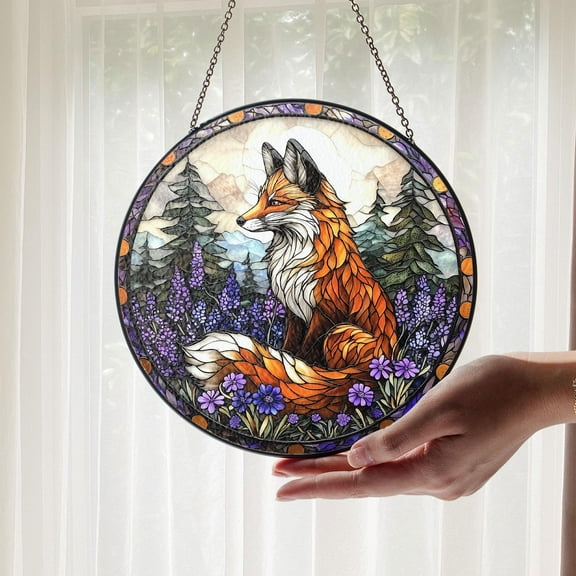 Fox Stained Glass Suncatcher – Woodland with Red Fox and Purple Flowers, Nature Decor, Gift for Forest and Animal Lovers, Forest Wall Decor
