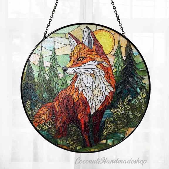 Fox Stained Glass Window Panel - Handcrafted Genuine Stained Glass, Colorful Art Piece, Woodland Animal Design, Farmhouse Decor, Unique Gift for Animal Lovers, Window Hanging, Wall Decor