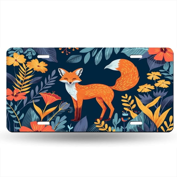 Fox Standing In The Jungle Surrounded By Flowers And Plants Decorative Signboard, Decorative Metal Plate with 4 Holes, 6x12inch Artistic Plate Frame