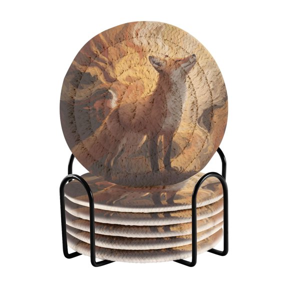 Fox Standing Proud Drinking Coasters Cup Mat with Holder for Kitchen Cafe Bar 6 Packs