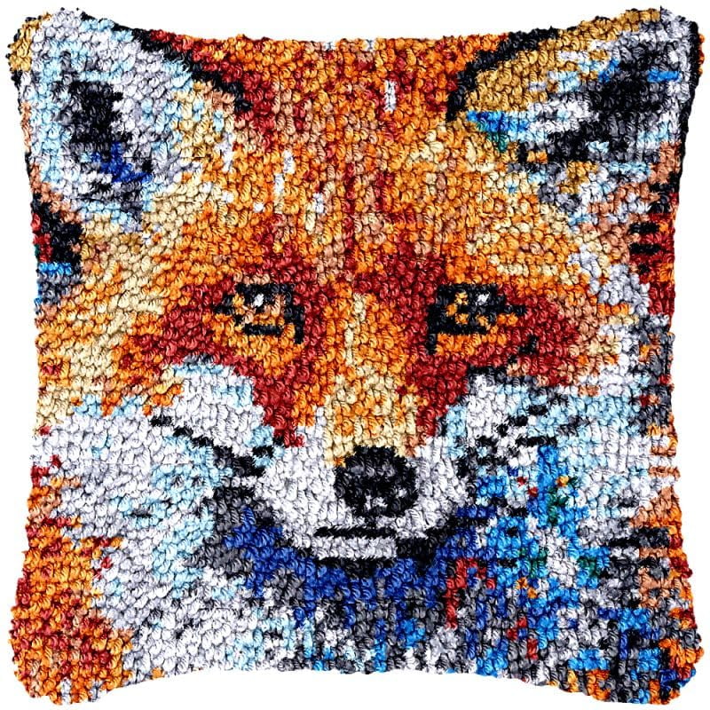 Fox Staring Latch Hook Pillow Cover Kits for DIY Handmade Throw Pillow Cross Stitch Latch Hook Pillowcase Rug Kits with Preprinted Color Pattern Canvas Crochet Yarn Kits 17''X 17''(ch99)