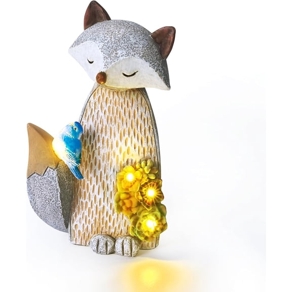 Fox Statue for Garden Decor, Garden Statue with Solar Power Light for Outdoor Patio Porch Lawn Yard Backyard Oudside Indoor Shelf Decoration (Grey)
