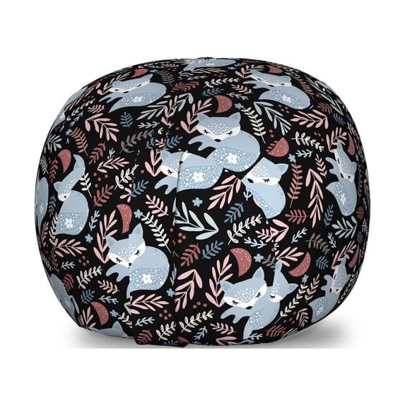 Fox Storage Toy Bag Chair, Continuous Pattern with Creative Leafy Branches and Sleeping Animal, Stuffed Animal Organizer Washable Bag, Large Size, Charcoal Grey Multicolor, by Ambesonne