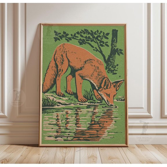 Fox Stream Poster, Green Linocut Nature And Animal Art