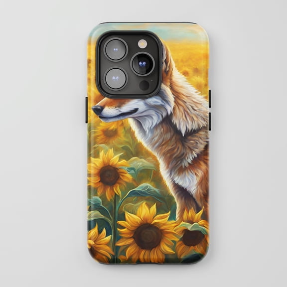 Fox Sunflower Field Tough Phone Case For All iPhone Series Protective Art Style Painting Yellow