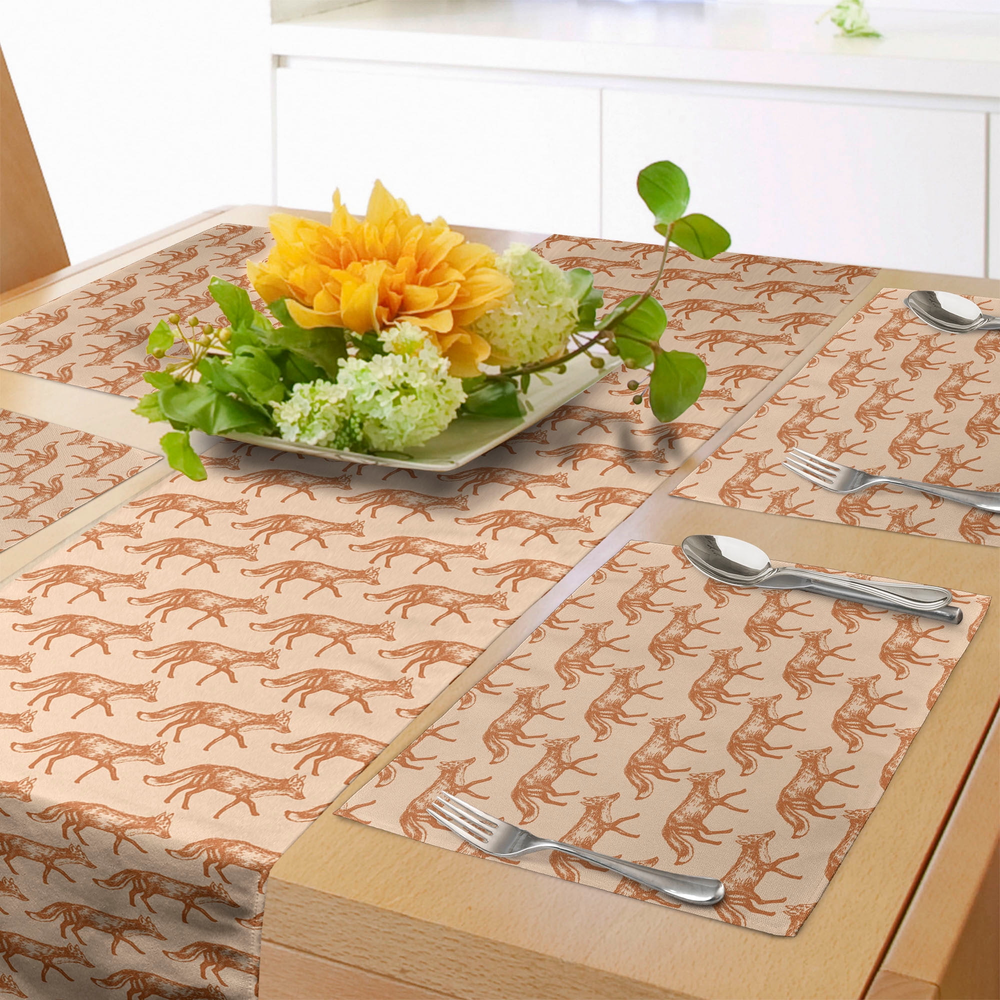 Fox Table Runner & Placemats, Hand Drawn Horizontally Walking Sketched