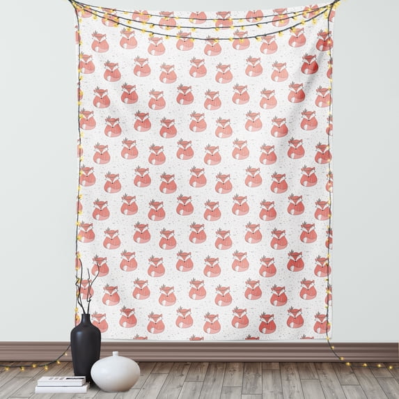 Fox Tapestry, Ethnic Inspirations in Hand Drawn Forest Animal Pattern with Dotted Background, Wall Hanging for Bedroom Living Room Dorm Decor, 60W X 80L Inches, Coral Seafoam Black, by Ambesonne