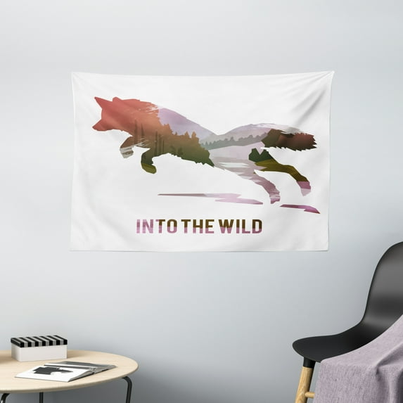 Fox Tapestry, Jumping Fox Silhouette with Woodland Wilderness Hunting Decor Survival Theme, Wall Hanging for Bedroom Living Room Dorm Decor, 60W X 40L Inches, Lavender Brown Coral, by Ambesonne