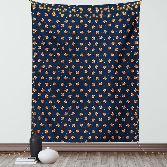 Fox Tapestry, Orange Small Forest Animal Portraits Pattern on Abstract Dotted Blue Backdrop, Wall Hanging for Bedroom Living Room Dorm Decor, 60W X 80L Inches, Navy Blue Orange, by Ambesonne