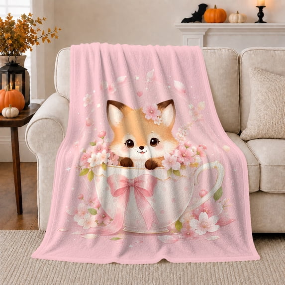 Fox in Teacup with Pink Bow and Blossoms, Sweet Whimsical Art for Kids, Floral Tea Party Scene Soft Flannel Blanket, Birthday Gift for Nursery and Bedroom Home Decor