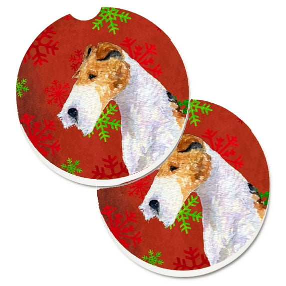 Fox Terrier Red and Green Snowflakes Holiday Christmas Set of 2 Cup Holder Car Coasters
