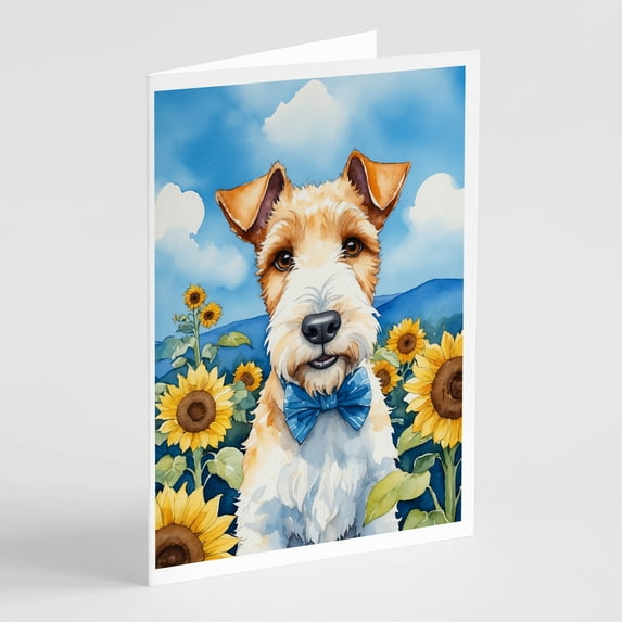 Fox Terrier in Sunflowers Greeting Cards Pack of 8 7 in x 5 in