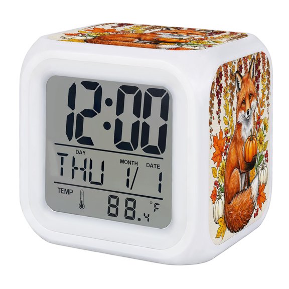 Fox Thanksgiving Digital Alarm Clock for Bedrooms, Smart LED Alarm Clock with 7 Color Changing Night Light, Fall Pumpkins Leaves Rustic Silent Wake Up Clocks for Sleep Study Cooking 3.2"x3.2"