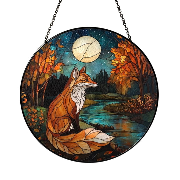 Fox Themed Stained Glass Style Suncatcher for Window Decor, Fantasy Nature Art, Decorative Hanging