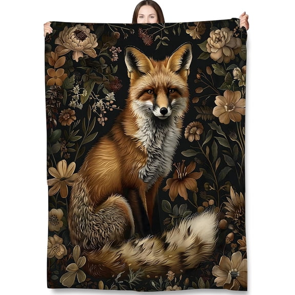 Fox Throw Blanket Gifts for Adults Kids, Autumn Floral Fox Blankets for Living Room Bedroom Decor, Fuzzy Warm Flannel Plush 50x60