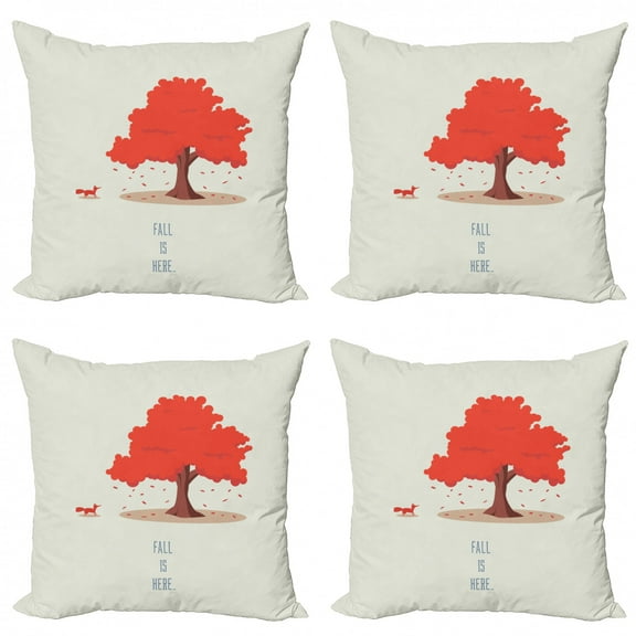 Fox Throw Pillow Cushion Case Pack of 4, Fall is Here Lettering and Autumn Tree Animal, Modern Accent Double-Sided Print, 4 Sizes, Pale Green Burnt Sienna, by Ambesonne
