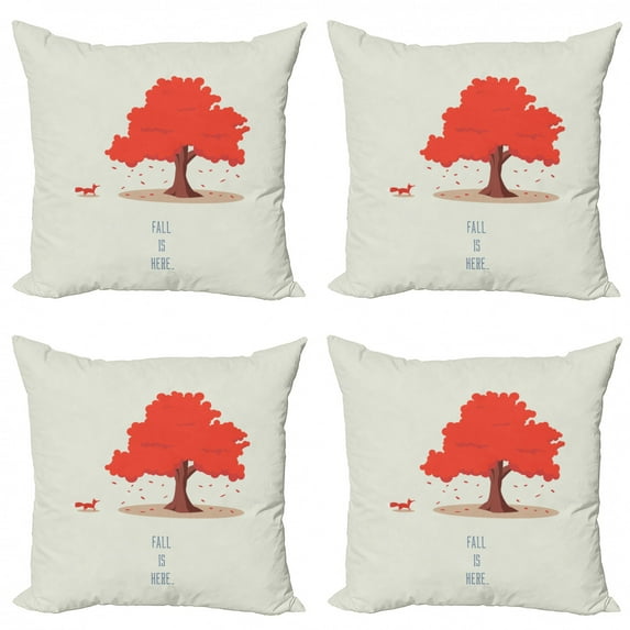 Fox Throw Pillow Cushion Case Pack of 4, Fall is Here Lettering and Autumn Tree Animal, Modern Accent Double-Sided Print, 4 Sizes, Pale Green Burnt Sienna, by Ambesonne