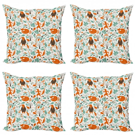 Ambesonne Fox Throw Pillow Cover 4 Pack, Funny Garden, 18", Turquoise Orange Brown