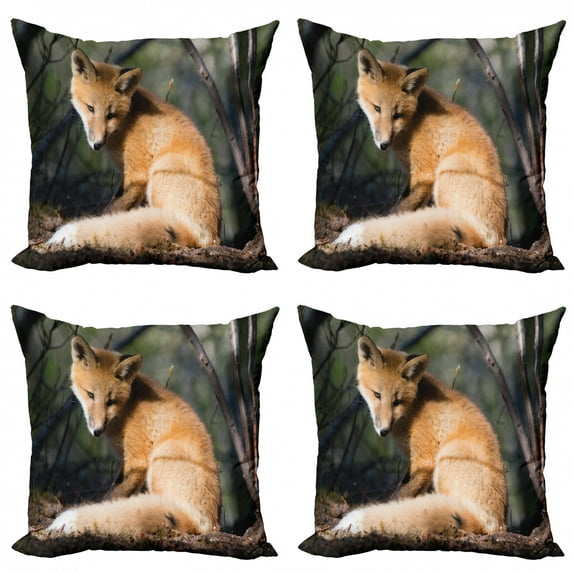 Fox Throw Pillow Cushion Case Pack of 4, Photo of Young Red Coyote Under Sunlight Forest, Modern Accent Double-Sided Print, 4 Sizes, Sand Brown Dark Green, by Ambesonne