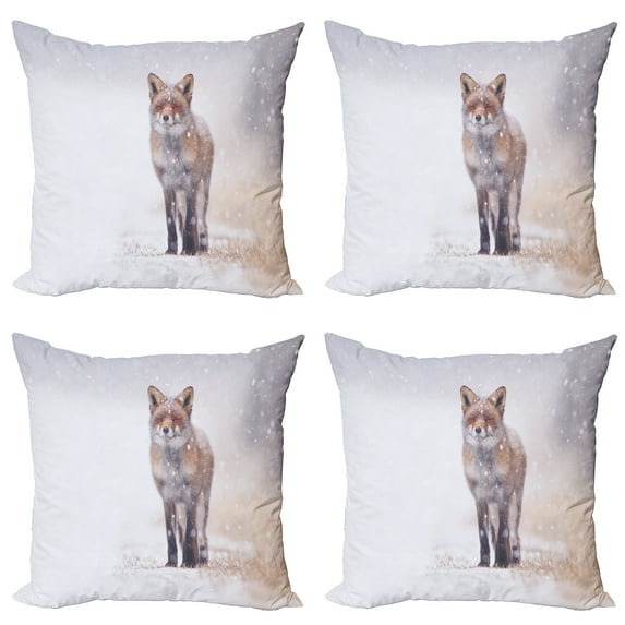 Fox Throw Pillow Cushion Case Pack of 4, Red Fox in Rural Environment Field Covered with Snow Stormy Freezing Weather Image, Modern Accent Double-Sided Print, 4 Sizes, Brown White, by Ambesonne