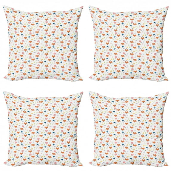 Ambesonne Fox Throw Pillow Cover 4 Pack, Animal Head and Colorful Flower, 18", Multicolor