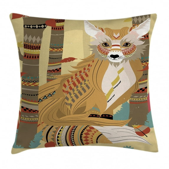 Fox Throw Pillow Cushion Cover, Animal Theme a Fluffy Fox in the Forest and Tree Trunks Decorative Design Pattern, Decorative Square Accent Pillow Case, 18 X 18 Inches, Light Coffee, by Ambesonne