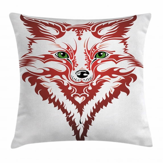 Fox Throw Pillow Cushion Cover, Artistic Patterned Portrait of Fox Sharp Green Eyes Wavy Curvy Design Cute, Decorative Square Accent Pillow Case, 18 X 18 Inches, Dark Coral Green White, by Ambesonne