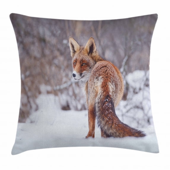 Fox Throw Pillow Cushion Cover, Countryside Snow Landscape Furry Wild Animal Hunting Vulpine Cold Winter Print, Decorative Square Accent Pillow Case, 16 X 16 Inches, Redwood Brown White, by Ambesonne