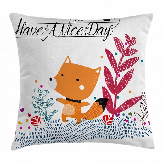 Fox Throw Pillow Cushion Cover, Cute Little Fox Character Colorful Geometric Spring Field Have a Nice Day Text Dots, Decorative Square Accent Pillow Case, 18 X 18 Inches, Multicolor, by Ambesonne