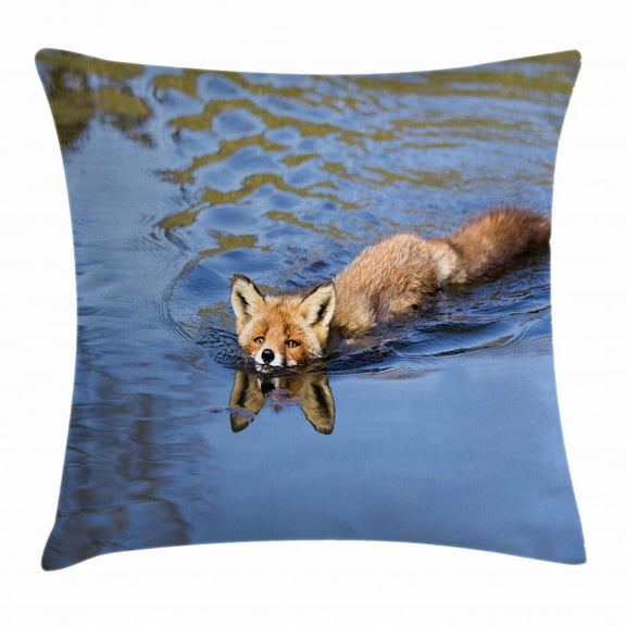 Fox Throw Pillow Cushion Cover, Cute Fox Swimming in Blue River Natural Life Mammal Wild Animal Image Print, Decorative Square Accent Pillow Case, 18 X 18 Inches, Light Blue Brown Cream, by Ambesonne