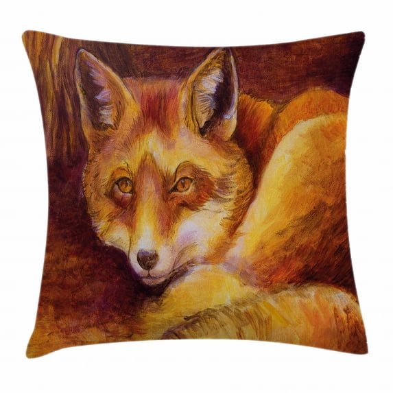 Fox Throw Pillow Cushion Cover, Monochromatic Fox Resting Painting Style Display Vibrant Animal Art, Decorative Square Accent Pillow Case, 24 X 24 Inches, Yellow Orange Burnt Sienna, by Ambesonne