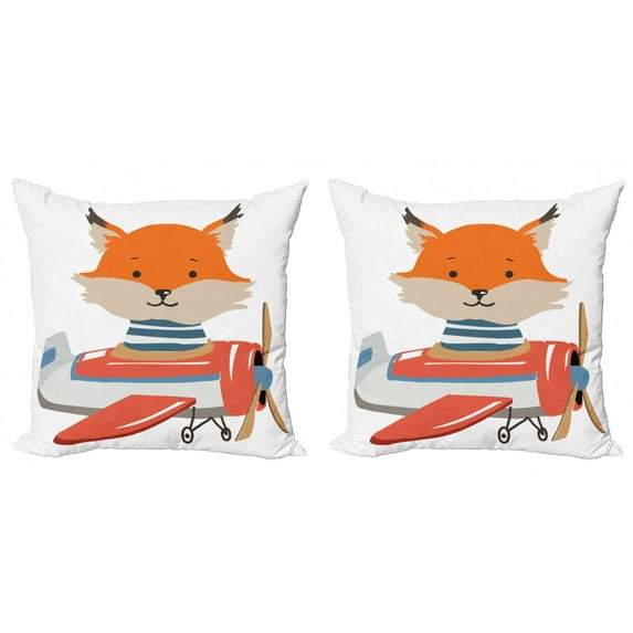 Fox Throw Pillow Cushion Cover Pack of 2, Childish Image of Happy Cartoon Animal in Funny Little Airplane Print, Zippered Double-Side Digital Print, 4 Sizes, Multicolor, by Ambesonne