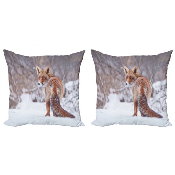 Ambesonne Fox Throw Pillow Cover 2 Pack, Snowy Country Furry Animal, 18", Redwood Brown White
