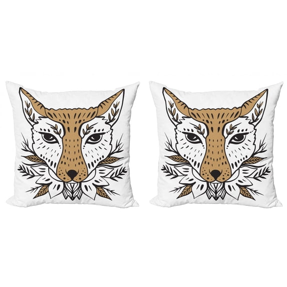 Fox Throw Pillow Cushion Cover Pack of 2, Head Drawing of Animal Head with Northern Botanical Ornaments, Zippered Double-Side Digital Print, 4 Sizes, Pale Coffee White, by Ambesonne