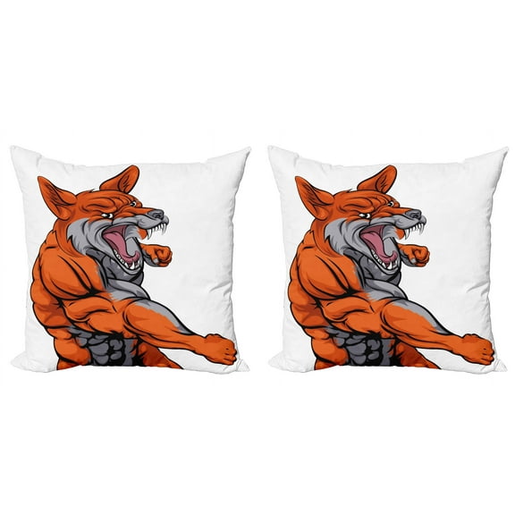 Ambesonne Fox Throw Pillow Cover 2 Pack, Muscular Sports Fox Mascot, 24", Orange Grey White