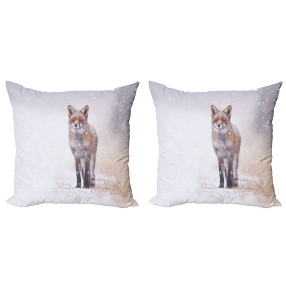 Ambesonne Fox Throw Pillow Cover 2 Pack, Rural Field Snow Stormy, 24", Brown White