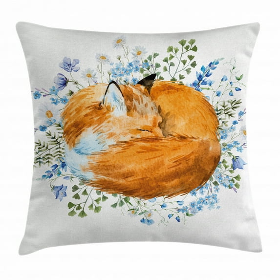 Fox Throw Pillow Cushion Cover, Sleeping Fox in Watercolors Hand Drawn Fresh Wild Flowers Blossoms Artwork, Decorative Square Accent Pillow Case, 20 X 20 Inches, Orange Blue Olive Green, by Ambesonne