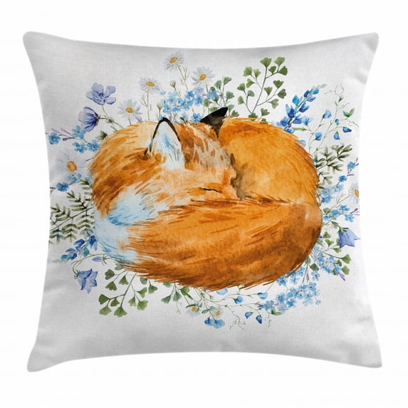 Fox Throw Pillow Cushion Cover, Sleeping Fox in Watercolors Hand Drawn Fresh Wild Flowers Blossoms Artwork, Decorative Square Accent Pillow Case, 24 X 24 Inches, Orange Blue Olive Green, by Ambesonne