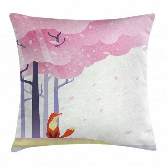 Fox Throw Pillow Cushion Cover, Spring Inspired Composition Pink Sakura Tree Falling Leaves Idyllic, Decorative Square Accent Pillow Case, 18 X 18 Inches, Light Pink Orange Lavender, by Ambesonne