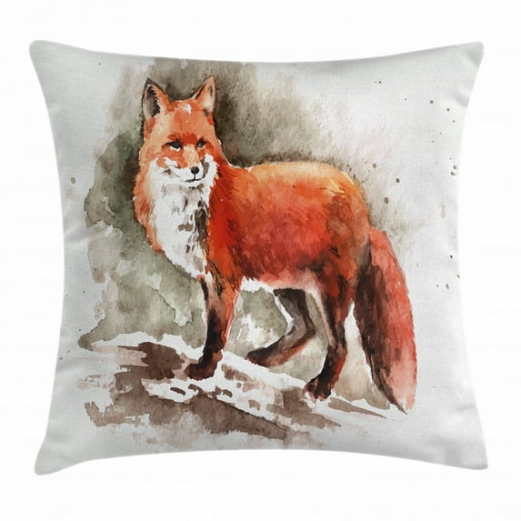 Fox Throw Pillow Cushion Cover, Watercolor Hand Drawn Red Fox with Bushy Tail Brushstrokes Tod Mammal, Decorative Square Accent Pillow Case, 24 X 24 Inches, Burnt Sienna White Brown, by Ambesonne